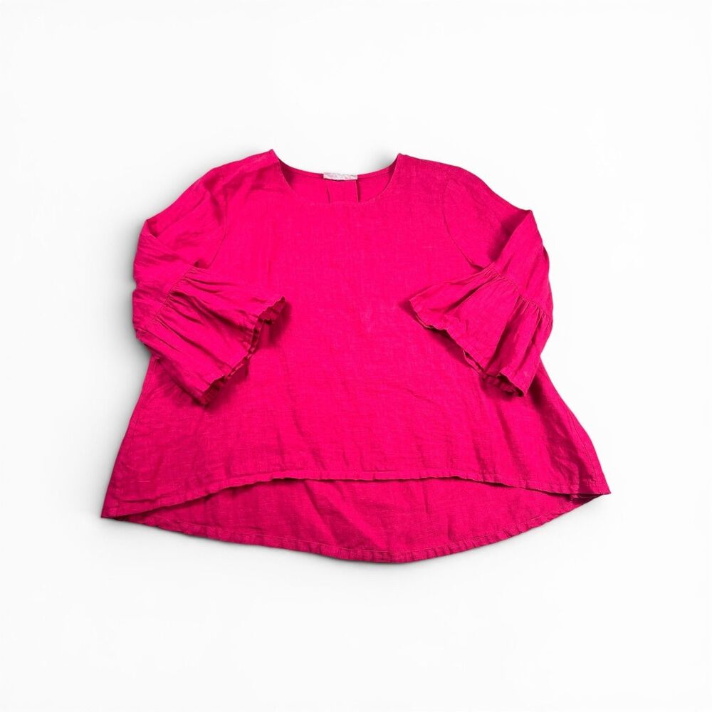 Bryn Walker Linen Peasant Top Hot Pink Breathable Lagenlook Boho Resort Shirt XS